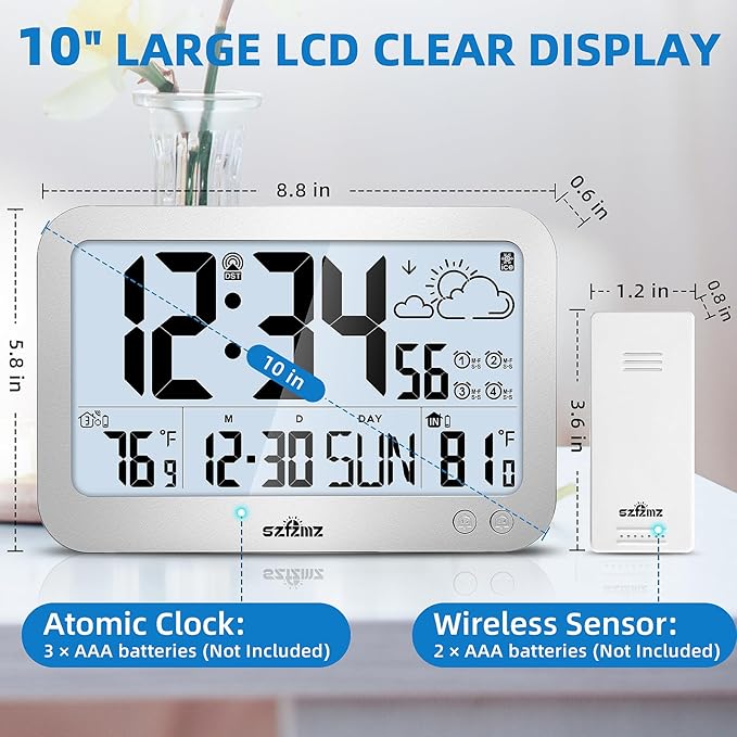 Atomic Clock, 10" Digital Clock Large Display, Wall Clocks Battery Operated with Backlight, Wireless Outdoor Sensor, Alarm Clock Indoor Outdoor Temp, 4 Time Zones, Auto DST, Clock for Bedroom (Sliver)