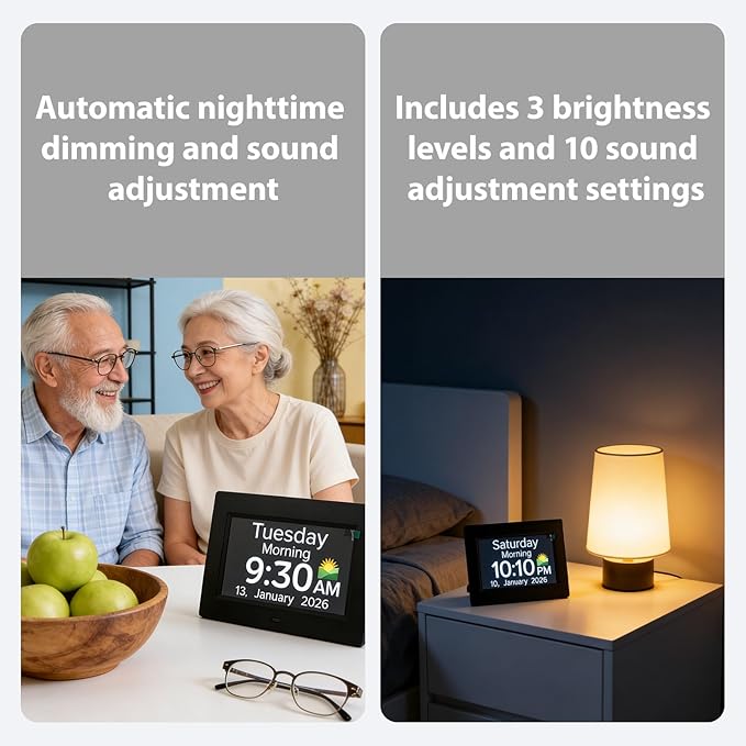 Digital Dementia Clocks for Seniors - 7" Large Display Calendar Clock with Day & Date for Elderly, Auto DST | 20 Alarm Reminders, Essential Alzheimers Clock & Gift for People with Memory Loss
