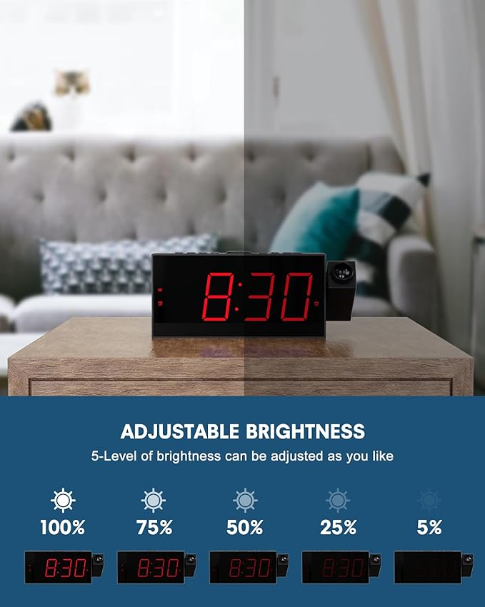 OnLyee Projection Alarm Clock for Bedroom,LED Digital Clock on Ceiling Wall with USB Phone Charging,Battery Backup,180° Rotatable Projector& Dimmer,12/24H,DST,Snooze,Dual Loud Bedside Heavy Sleeper