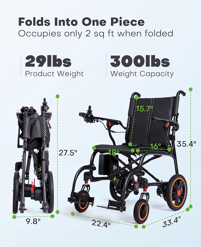 29lb Ultralight Carbon Fiber Electric Wheelchair, Foldable Portable Travel Power Chair with Quick-Release Battery, Motorized Wheelchair for All Terrain, 12.4 Mile Range, Airline Approved