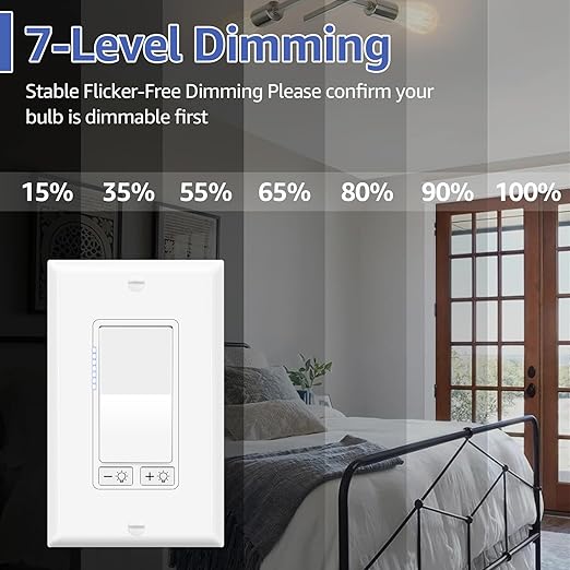 1 Pack Dimmer Light Switch for Dimmable LED Light, Single Pole/3-Way,No Neutral Wire Required,Work with LED/CFL (300W Max) & Halogen/Incandescent (600W Max) Bulbs, UL Listed