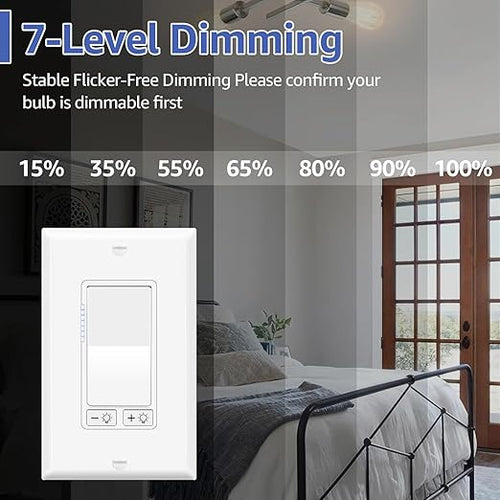 1 Pack Dimmer Light Switch for Dimmable LED Light, Single Pole/3-Way,No Neutral Wire Required,Work with LED/CFL (300W Max) & Halogen/Incandescent (600W Max) Bulbs, UL Listed