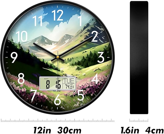 12'' Silent Non-Ticking Rustic Mountain Wildflowers Wall Clock, Battery Operated Analog with LCD Date Day Temp Display, for Living Room Bedroom Farmhouse Cottage Cabin Decor