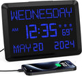 11.5” Extra Large Digital Wall Clock with Date and Day of Week , Electric Desk Clock for Seniors, Large Display Alarm Clock for Bedroom with Battery Backup, 5 Dimmer, 2 USB Ports, Indoor Temp, 12/24H