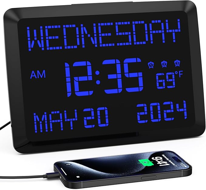 11.5” Extra Large Digital Wall Clock with Date and Day of Week , Electric Desk Clock for Seniors, Large Display Alarm Clock for Bedroom with Battery Backup, 5 Dimmer, 2 USB Ports, Indoor Temp, 12/24H