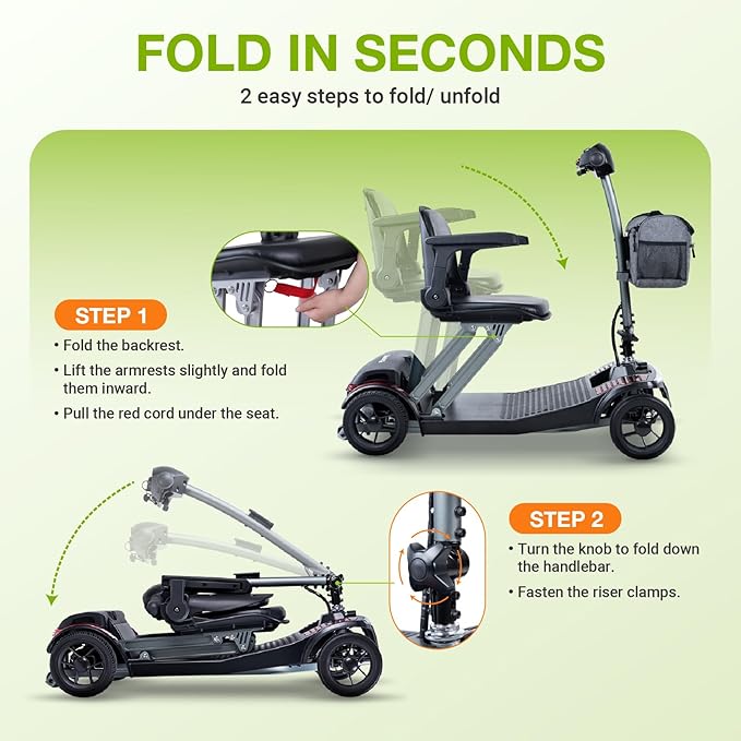 SCOOTNGO Mobility Scooters for Seniors & Adults Foldable 4 Wheels Powered Scooter Airline Approved 44Lbs Removable Battery Portable for Travel USB Charger Port