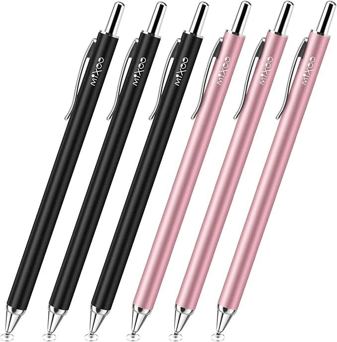 Mixoo Universal Stylus Pen for Touchscreen iPhone iPad Android Tablet Apple Kindle Switch Chromebook Galaxy All Touch Screens, Disc Stylus Pens for Touch Screens (6 Retractable (Black + Pink))