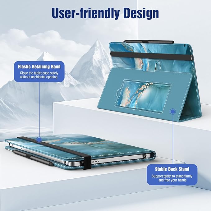 TiMOVO Universal Case for 10.1 Inch Android Tablet with Pen Loop, Lightweight Folding Stand Cover with Hand Strap for All 9.6"-11" Touchscreen Tablet, Cloud Peacock Blue