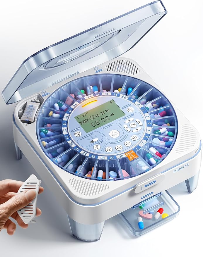 28-Day Automatic Pill Dispenser One-Press Dispense Sound & Light Alerts Moisture-Proof