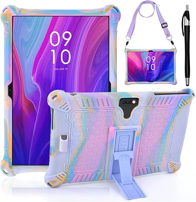 DETUOSI Feonal 10 inch Silicone Case with Shoulder Strap & Stylus Pen, Multi-Angle Stand Tablet Case, Soft Lightweight Cover for Winsing MTK 10 inch Tablet, ANTEMPER Touch, Rose Red & Purple