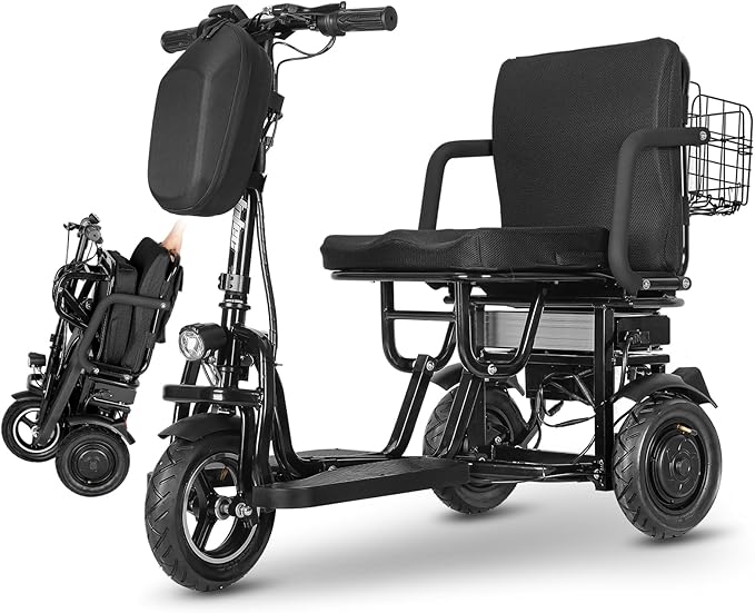 3-Wheel Foldable Mobility Scooter for Adults and Seniors, 300 lbs Capacity, Long-Range Lithium Battery, Lightweight with Basket, Attached Airline Battery
