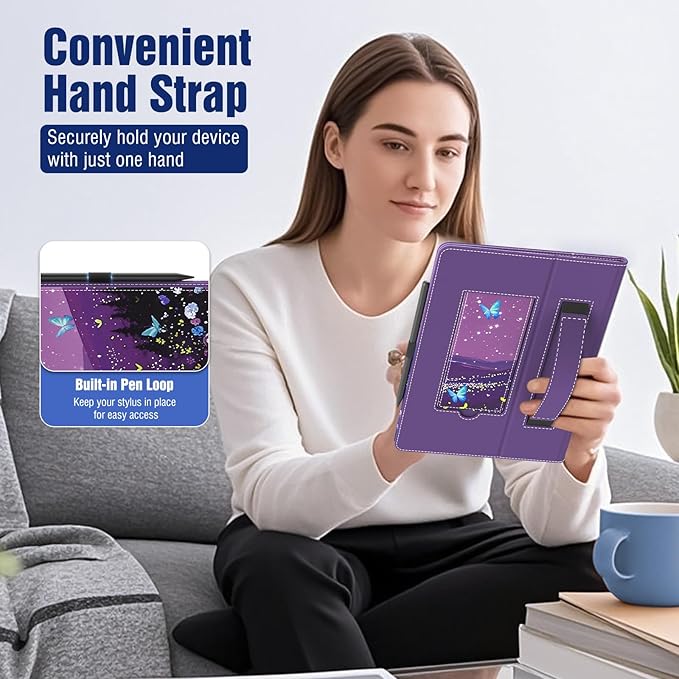 TiMOVO Universal Case for 10.1 Inch Android Tablet with Pen Loop, Lightweight Folding Stand Cover with Hand Strap for All 9.6"-11" Touchscreen Tablet, Butterfly & Starry Sky