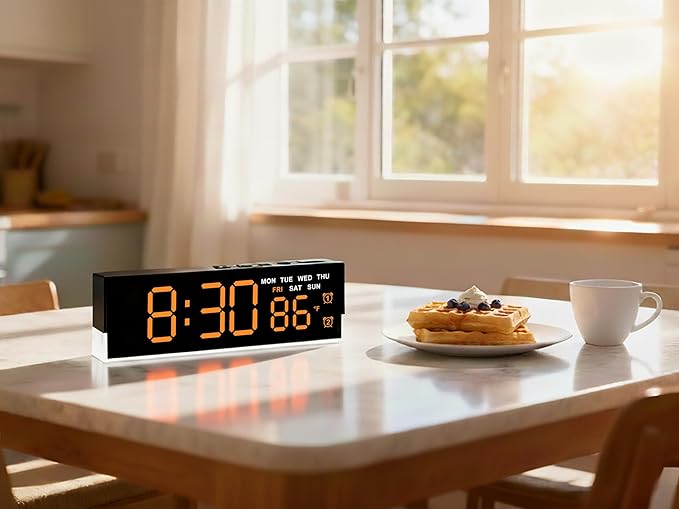 JENLYSTIME 7 Inch LED Digital Alarm Clock with Dual Alarms & Bottom Glow｜Displays Time, Date, Day, Temperature ｜3-Level Auto/Manual Brightness, DST, USB or Battery Powered Modern Desk Clock (Orange)