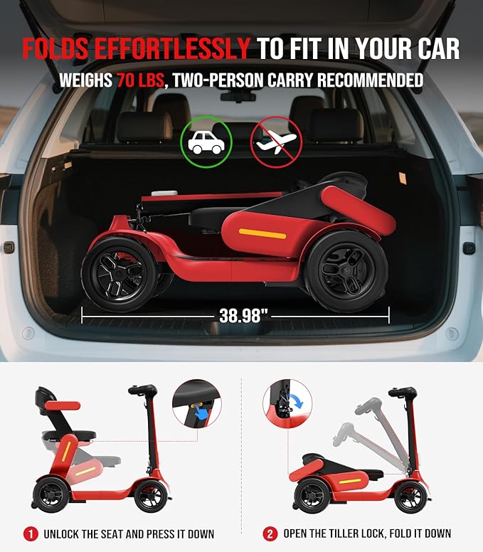 Glashow S3 Foldable Mobility Scooter for Seniors and Adults – 4-Wheel Lightweight Electric Scooter, 25-Mile Range, 6 mph Max Speed, 265 lb Capacity, PAI Safety System for Outdoor Travel- Red