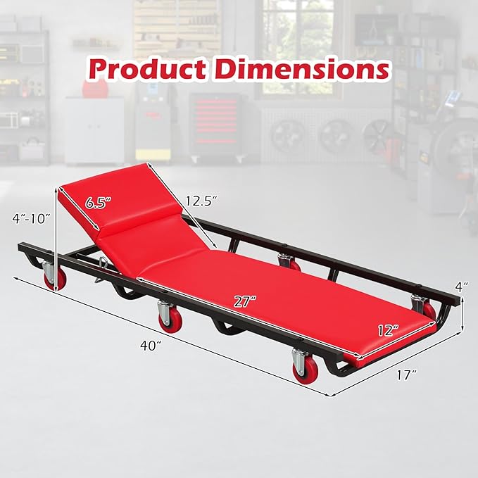 Goplus 40 Inch Rolling Creeper, Padded Mechanic Cart with Adjustable Backrest & Headrest, Heavy-Duty Automotive Rolling Creeper with 6 Swivel Casters for Garage, Repair Shop, DIY