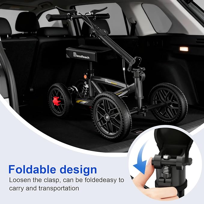 BlessReach All Terrain Foldable Knee Scooter Walker - Economical Knee Walker for Foot Injuries, Compact Crutches Alternative - Black