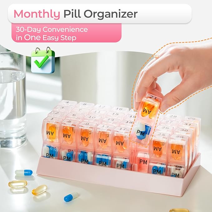 Monthly Pill Organizer AM/PM 31-Day Travel Medicine Case 4-Week Pill Box Pink