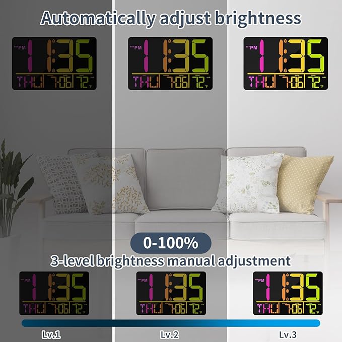 PERSUPER 13" Large Digital Wall Clock with Remote, RGB Color Changing, 25 Ringtones, 0-100% Auto/Custom Brightness, Temperature, Calendar, 12/24H, DST, Timer, for Living Room/Bedroom/Office/Elderly
