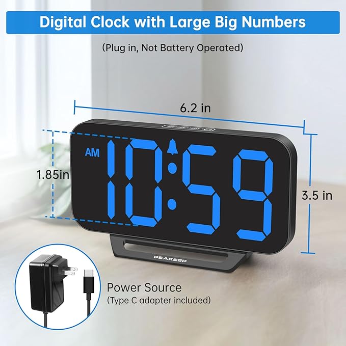 Peakeep Small Digital Alarm Clock for Bedrooms, Loud for Heavy Sleepers Adults, Dimmable Plug in Electric Large Numbers Clock Battery Backup, Slim Clock for Table Office Modern Living Room (BB)