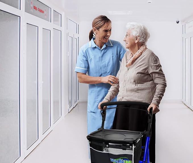 HEALTHLINE Rollator Walker Euro Style - Lightweight 4 Wheel Eldery Walker - Rollator Walkers for Seniors with Basket & Tray - Narrow Doors Indoor Rollator Blue Color