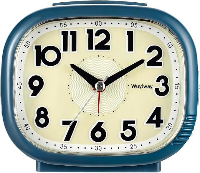 Vintage Retro Analog Alarm Clock, Battery Operated, Silent No Ticking, Glow in Dark Dial, Lighted on Demand and Snooze, Blue, 4.7" x 3.9" x 2.7"