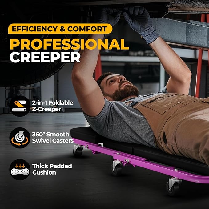 Auto Dynasty 40" Z-Creeper Seat, 2-in-1 Foldable Garage Creeper Shop Seat, 330 LBS Capacity Automotive Mechanic Repair Under Car Rolling Creeper Seat, Purple
