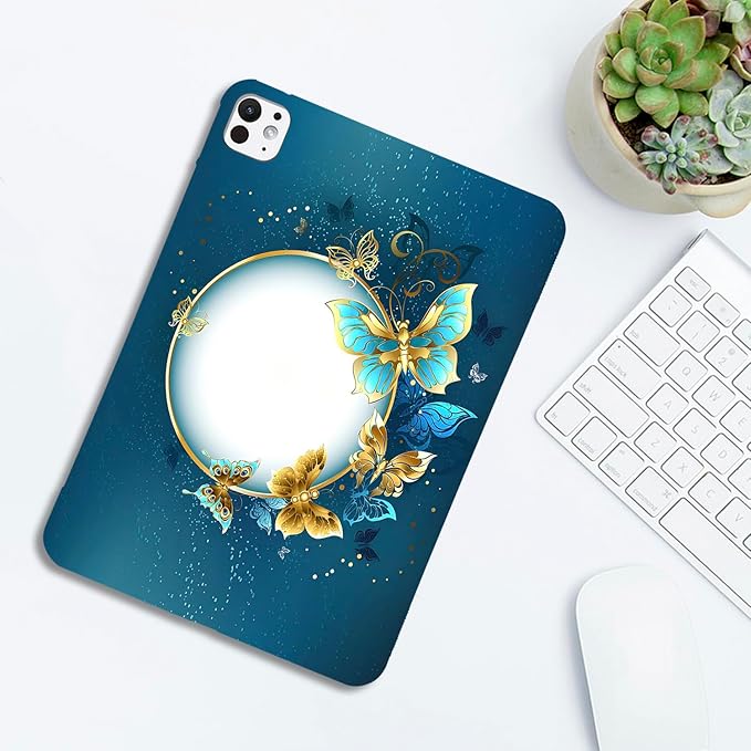 Dteck for iPad Pro 13 Inch (M4/M5) Ultra Thin Case 2024/2025 Release, Cute Cartoon Lightweight Soft Silicone TPU Slim Tablet Cover, Protective Shockproof Scratch Resistant Shell, Gold Blue Butterfly