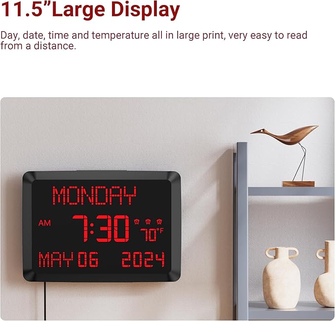 11.5” Extra Large Digital Wall Clock with Date and Day of Week , Electric Desk Clock for Seniors, Large Display Alarm Clock for Bedroom with Battery Backup, 5 Dimmer, 2 USB Ports, Indoor Temp, 12/24H