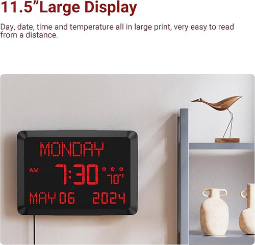 11.5” Extra Large Digital Wall Clock with Date and Day of Week , Electric Desk Clock for Seniors, Large Display Alarm Clock for Bedroom with Battery Backup, 5 Dimmer, 2 USB Ports, Indoor Temp, 12/24H