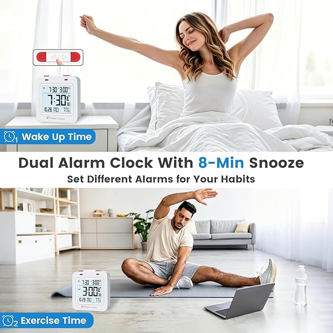 Small Digital Atomic Alarm Clock for Bedroom, 3.15 Inch Portable Travel Clock with Dual Alarms and Snooze, Indoor Temperature, 8s Backlight, Battery Included, White
