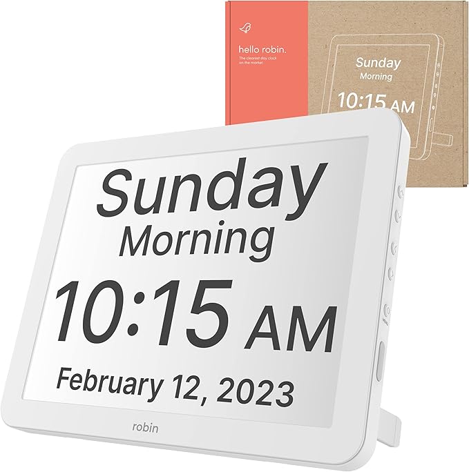 Robin Day Clock 2026 15-Inch Large Digital Calendar Dementia Clock Talking Alarm for Seniors White