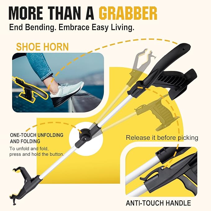 32" Grabber Reacher Tool,2-Pack Foldable Reacher Grabber Pickup Tool with Shoehorn,Trash Picker Upper Grabber,Bend-Free Gifts for Seniors,Extra Long Reaching Assist Tool with Rotating Jaw (Yellow)