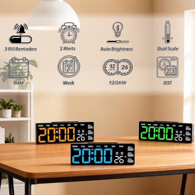 45MinST 8 Inch LED Digital Clock with Medication Reminder – Large Display with Time, Date, Day, Temperature, 3 Daily Reminders, Dual Alarm, Silent Electronic Clock for Home, Office, Bedroom(Blue)