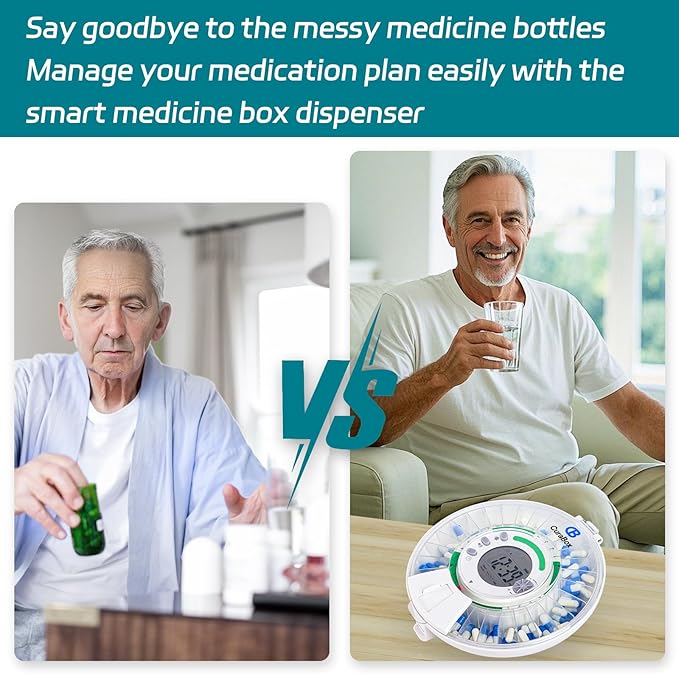 Bluetooth Automatic Pill Dispenser with App, Alarm, Light Alerts, 28-Day Medication Organizer for Seniors & Caregivers with Tracks Adherence History, Clear LCD, Key Lock, for Vitamins Prescriptions