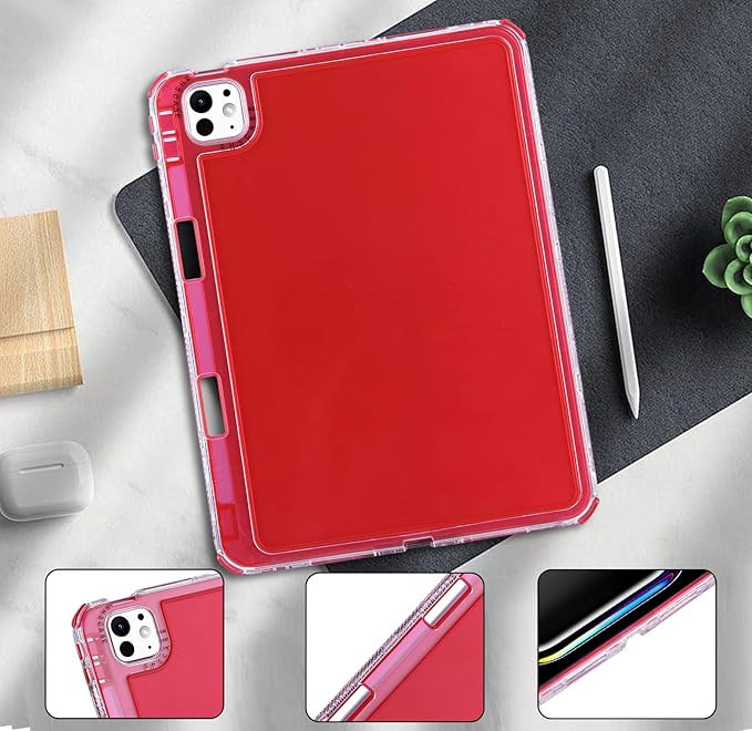 Dteck for iPad Pro/Air 13" (M5/M4/M3/M2), Pro 12.9" (6th/5th/4th/3rd Gen) Clear Case with Pencil Holder/Screen Protector Film/Stylus, 3 Layers Protective Lightweight Slim Transparent Back Cover, Red