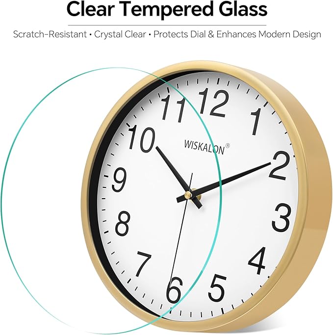 WISKALON 10 inch Wall Clock,Silent Non-Ticking Elegant Golden Frame Clock,Classic Digital Wall Clocks with Glass,Battery Operated Round Wall Clock,Easy to Read Home/Office/School Golden Clock