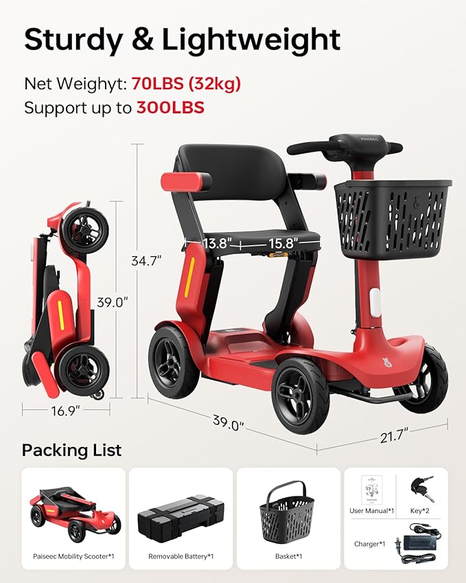 Folding Mobility Scooter for Seniors, Lightweight All-Terrain with 25-Mile Range, 6 MPH Foldable Mobility Scooter, 300lbs Load Capacity, All-Terrain