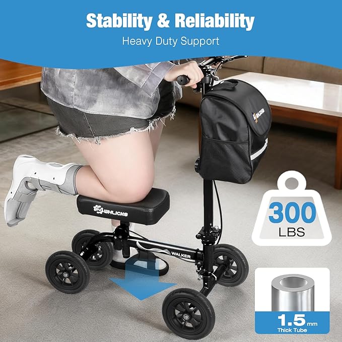 WHLICKS All Terrain Knee Scooter for Adults for Foot Surgery, Foldable & Steerable Knee Walker with PU Wheels, Medical Knee Scooter for Broken Foot Injured, Lightweight Leg Scooter for Broken Ankle