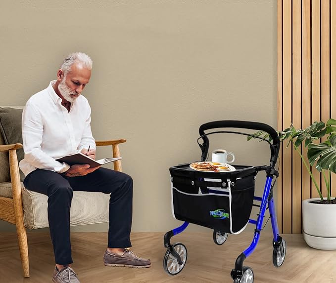 HEALTHLINE Rollator Walker Euro Style - Lightweight 4 Wheel Eldery Walker - Rollator Walkers for Seniors with Basket & Tray - Narrow Doors Indoor Rollator Blue Color