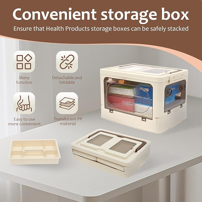 3-Tier Medicine Organizer - Portable Medicine Storage Box Cabinet with Handle, Large Capacity Collapsible First Aid Box with Wheels, Removable Tray Multipurpose Pill Container for Home