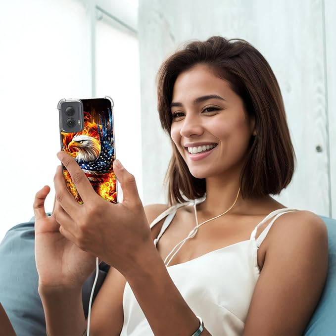 for Moto G Power 5G 2024 Clear Phone Case, Lightweight Transparent TPU, American Flag Flame Eagle Shockproof Four Corner Anti-Fall Case 6.7" for Moto G Power 5G, Screen Protector Film