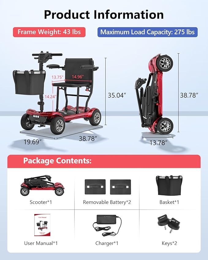 Powered Mobility Scooter for Adults, Seniors - 23MI Extra Long Range Foldable 4 Wheel Electric Motorized Scooter for Travels with Airport Approved Dual Batteries, All Terrain Motorized Scooter (Red)