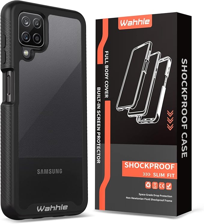 wahhle Compatible with Samsung Galaxy A12 Case, Built in Screen Protector Full Body Shockproof Slim Fit Bumper Protective Phone Cover for Samsung A12 Men Women-Black/Clear