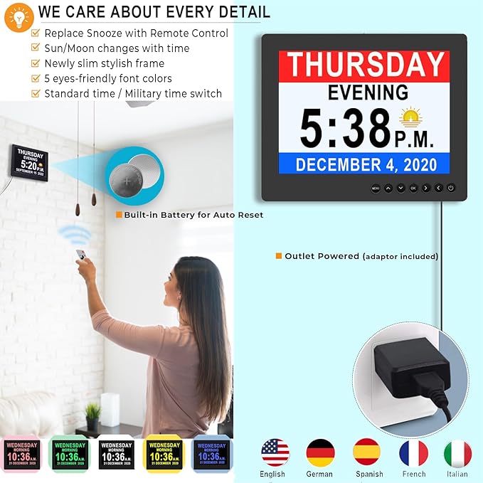 Véfaîî 26 Alarms Digital Clock Large with 1280 * 800P HD, Auto DST, Custom Reminders, 6 Display, 7 Color Modes, 10-Level Auto Dimmer, Clock for Seniors & Schoolkids-8 INCH with Remote