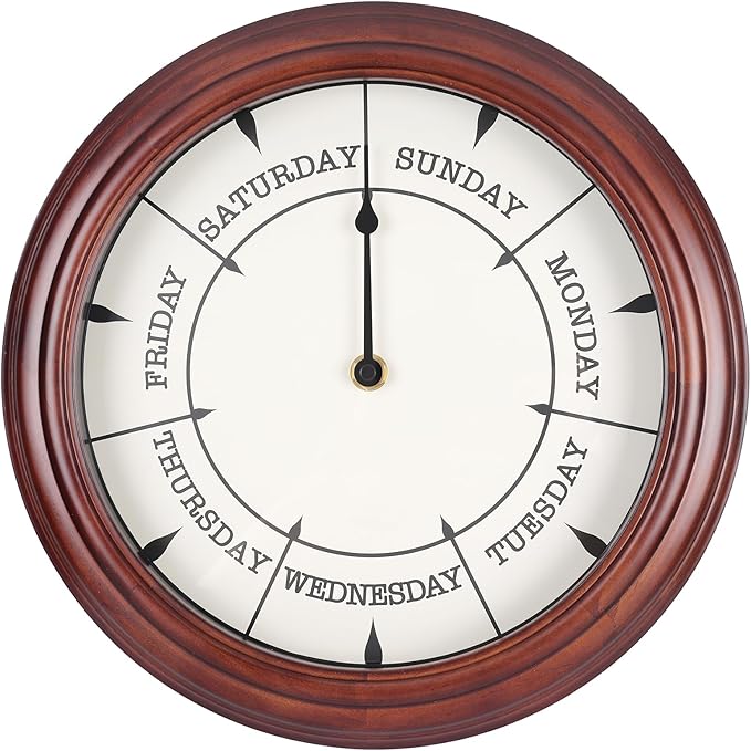 Day of The Week Clock Retirement Wall Clock with Wood Frame Day Wall Clock for Men Women (Dark Reddish Brown, 12 Inch)