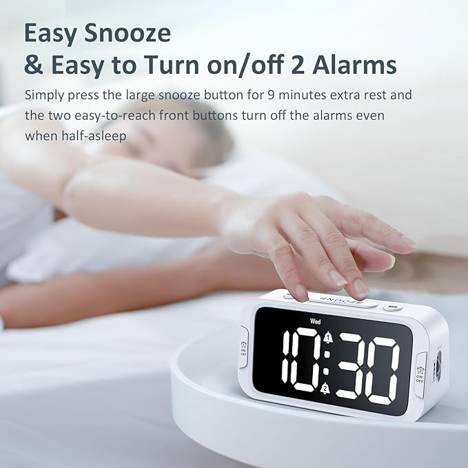 Odokee Digital Dual Alarm Clock for Bedroom, Easy to Set, 0-100% Dimmer, USB Charger, 5 Sound Adjustable Volume, Weekday/Weekend Mode, Snooze, 12/24Hr, Battery Backup, Compact Clock for Bedside(White)