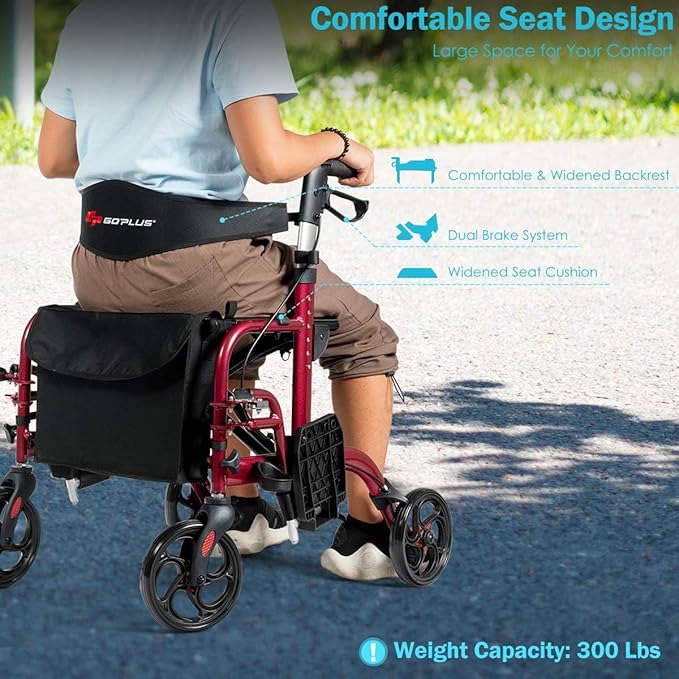 GOPLUS 2 in 1 Rollator Walkers for Seniors, Folding Rollator Walker with Seat, 8-inch Wheel Medical Drive Walker Wheelchair Combo with Backrest, Adjustable Handle for Adults, Aluminium Frame