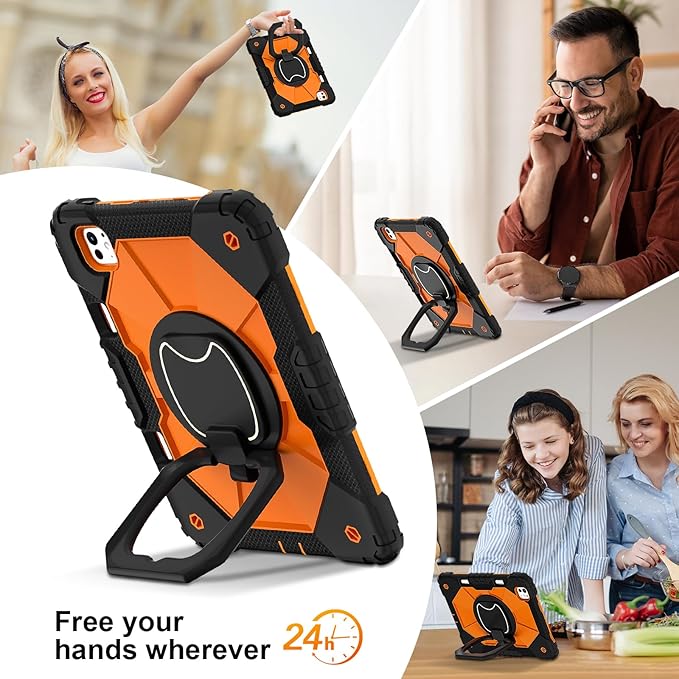 Dteck for iPad Pro 11 inch (M4/M5) 2024/2025 Release Shockproof Case with Shoulder Strap/Pencil Holder/Rotating Kickstand Handle, Heavy-Duty Sturdy Rugged Cover, Protective Tablet Shell, Black Orange