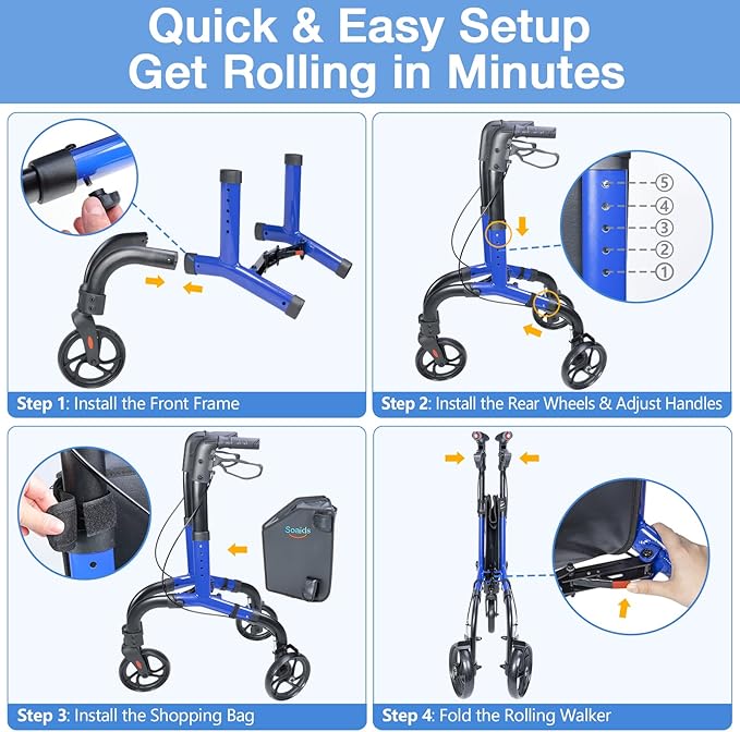 3 Wheel Walkers for Seniors with Bag and Hand Brakes, Lightweight Foldable Rollator with Swivel Front Wheel, Adjustable Height, Compact Mobility Aid for Elderly, Indoor Outdoor Use (Blue)