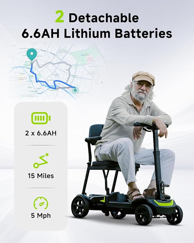 SCOOTNGO 4 Wheel Mobility Scooters for Seniors & Adults Lightweight Foldable Airline Approved Electric Scooter, with Two Removable Batteries 20 Miles Range 5 MPH Speed